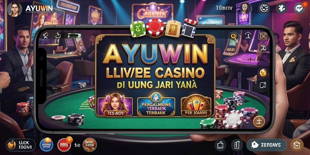Tangkapan layar gameplay AYUWIN menampilkan dealer live dan suasana kasino yang mendebarkan.