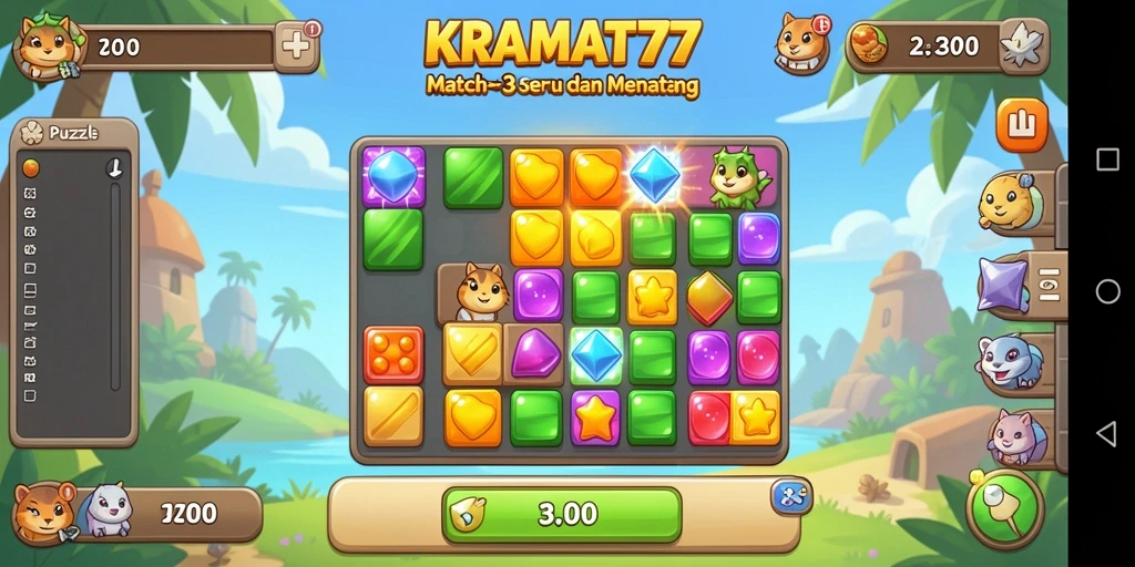 Tangkapan layar KRAMAT77 menampilkan gameplay Match-3 yang seru dan penuh warna.