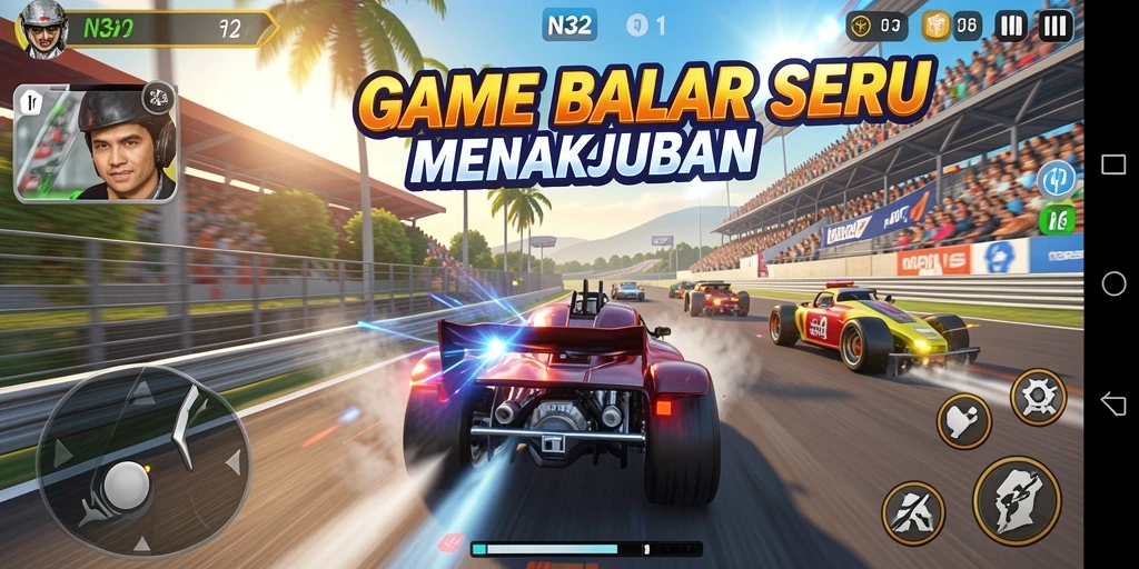 Tampilan gameplay N32 yang mendebarkan dengan mobil balap di lintasan.