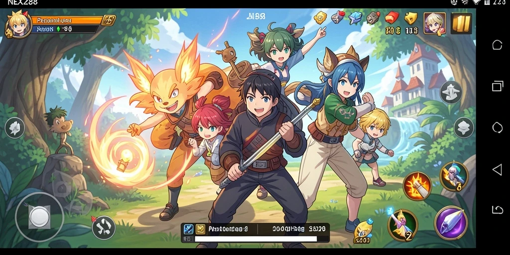 Screenshot gameplay NEX288 yang menampilkan karakter anime dalam pertempuran.