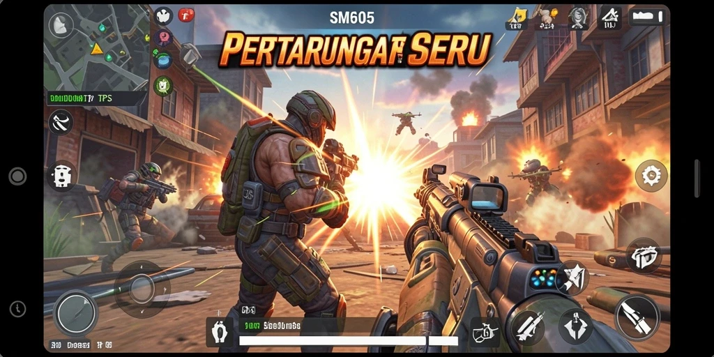 Tangkapan layar SM605 menunjukkan aksi intens dalam permainan TPS.